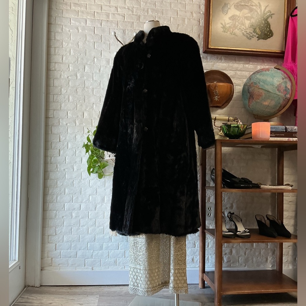 Vintage Marvin Richards Long Black Plush Faux Fur Overcoat Reversible Nylon Coat